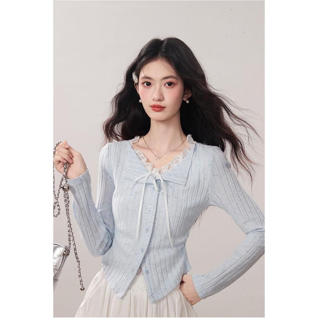 Kumikumi Women's Chic Blue Lace Tie-Up Long Sleeve Autumn Two-Piece Slimming T-Shirt