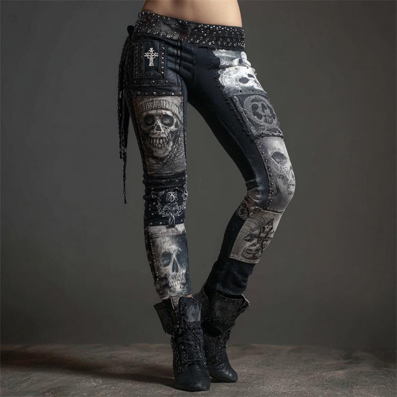 Vintage 3D kötött leggings nőknek gótikus mintával magas derék szűk nadrág Y2K punk utcai viselet rugalmas karcsúsított nadrág