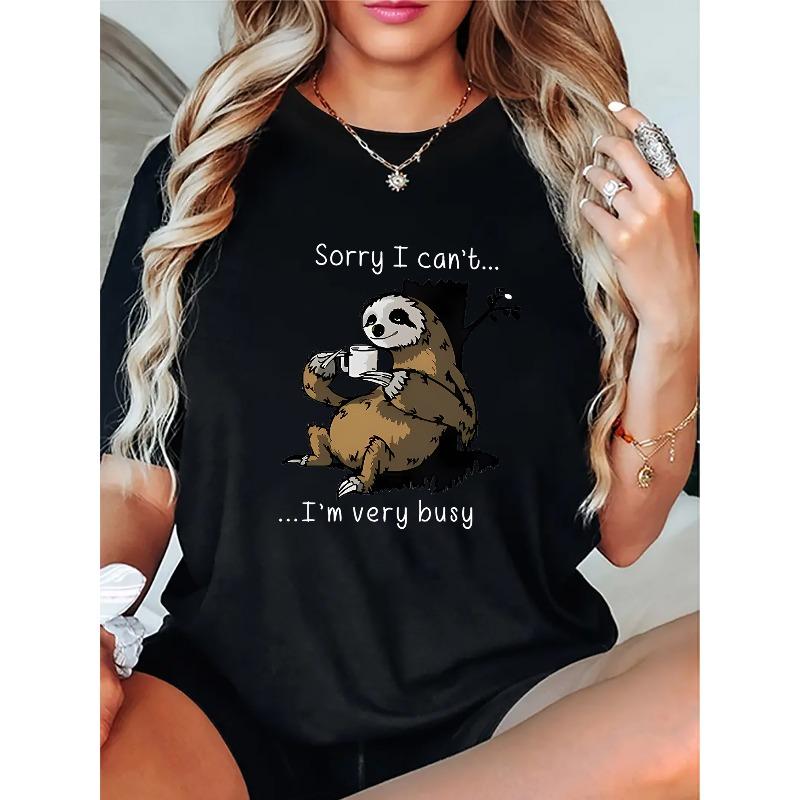 

Women s Casual Sloth Graphic T-Shirt - Sorry I Can t... I m Very Busy Funny Animal Print Tee, Soft Stretch Round Neck Short Sleeve Top 4XL чорний
