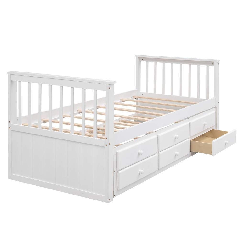 Kinderbett Tagesbett 90x200 Bettauszug Einzel-/Doppelbett Stauraum 3 Schubladen Holzbett Lattenrost Weiß ohne Matratze