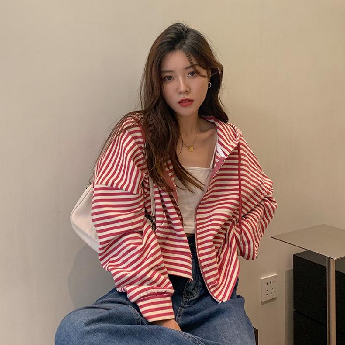 2023 Petite Hooded Ruffle Stripe Zip Cardigan for Spring/Autumn
