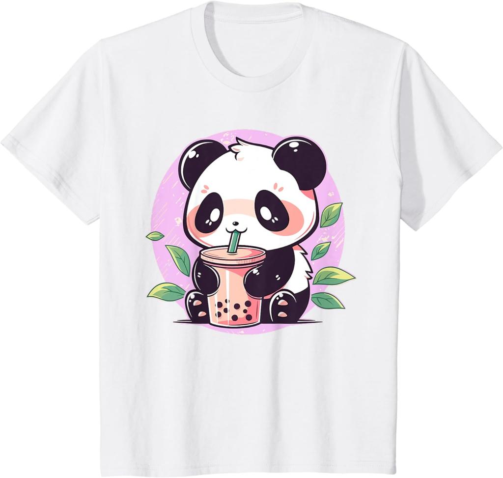 Cute Anime Panda Drinking Bubble Boba Tea Girls Teens Tshirt Cotton Short Sleeve Graphic Shirt Comfortable