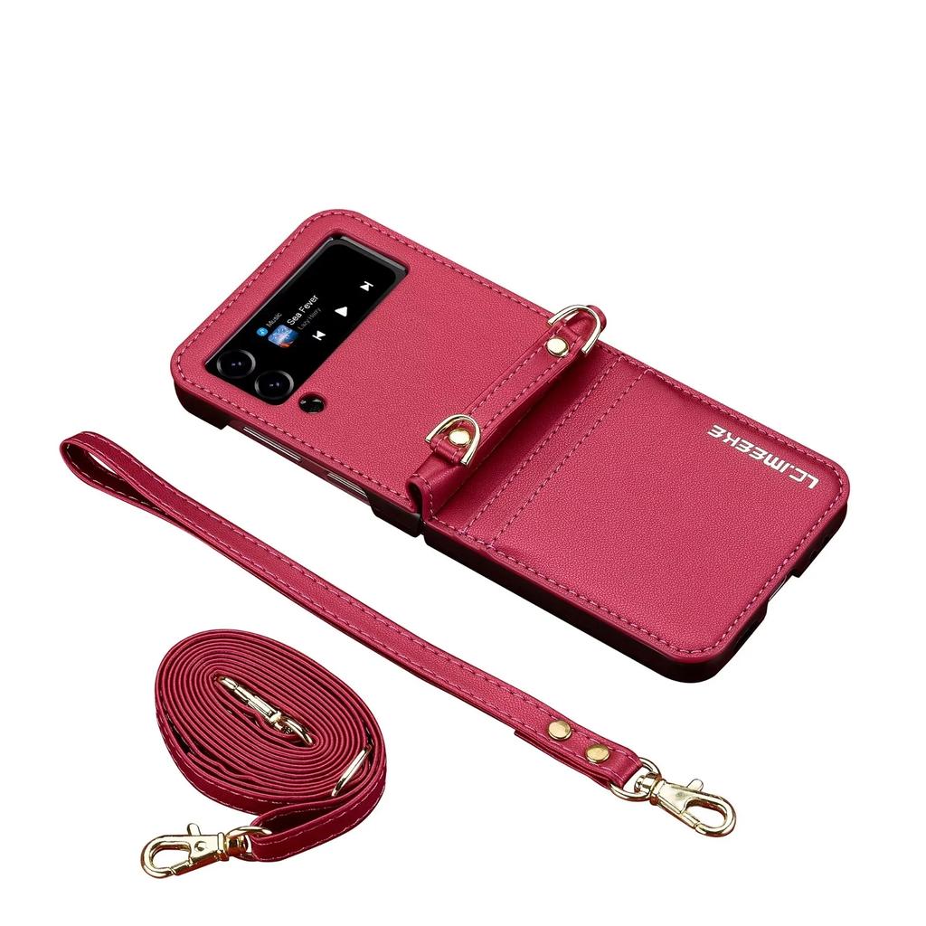 Crossbody Cards Solt Wallet Leather Case For Samsung Galaxy Z Flip 7 FE 6 5 4 3 5G Flip6 Flip7 Hand Strap Lanyard Pocket Cover