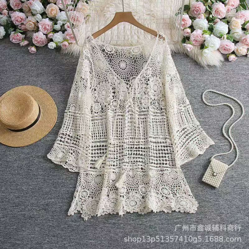 Cardigan tricoté à lacets ajourés motif fleur pour femme, nouveau haut court style bohème pour l'été, châle long à manches longues