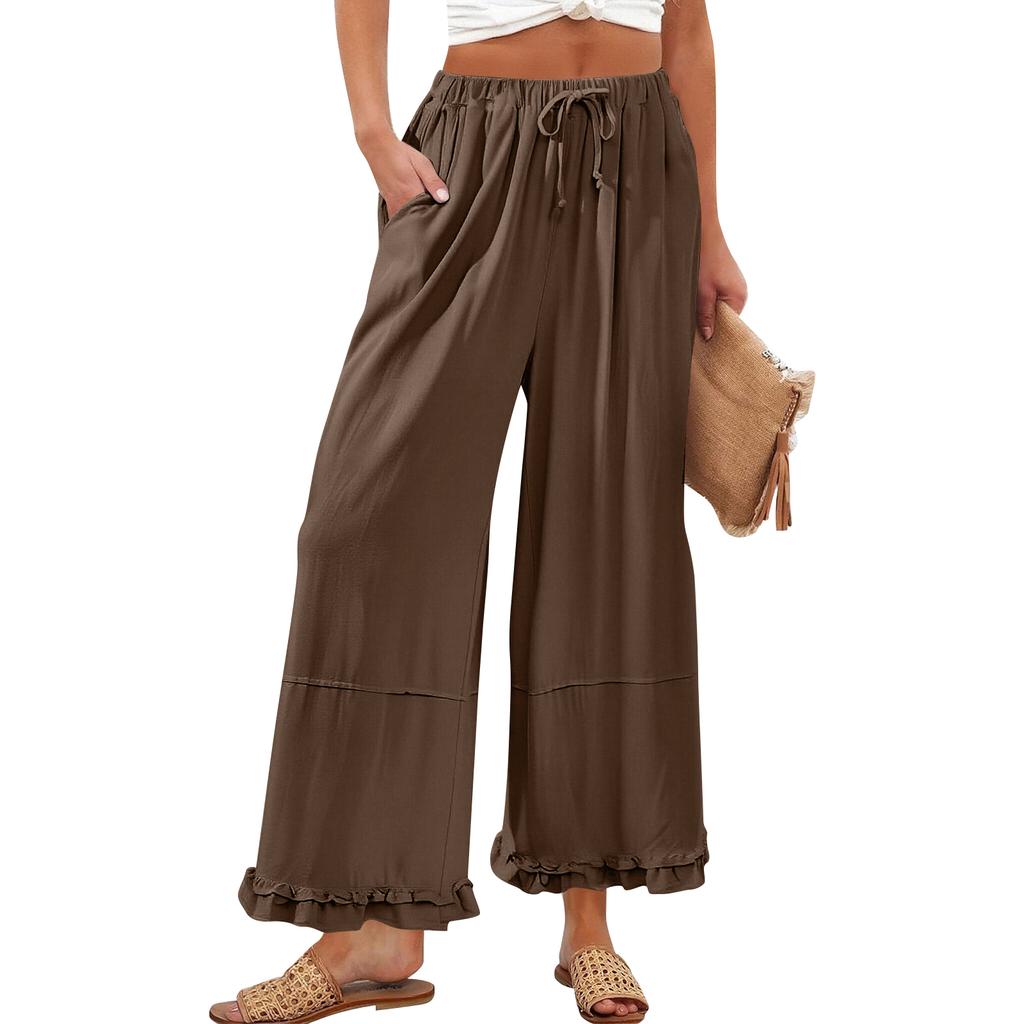 Women’s Wide Leg Lounge Pants with Drawstring Waist and Ruffle Hem Casual Loose Fit Lightweight Trousers with Pockets