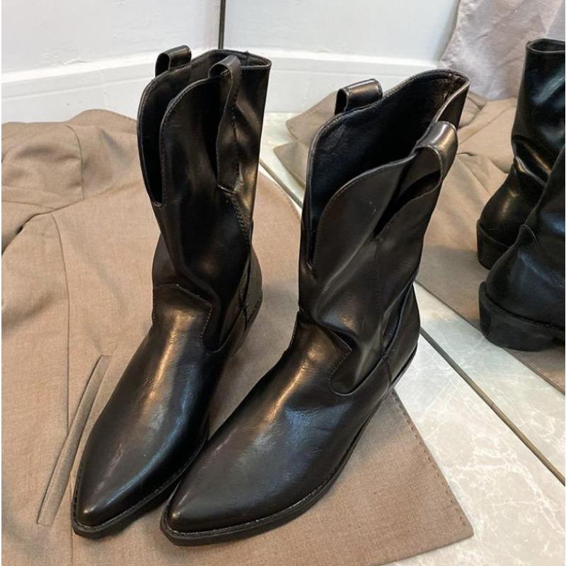 New Style Women's High Heels Mid Calf Pleated Boots for Women Winter Brown Leather Western Boot Woman Thick Heeled Cowgirl Boots