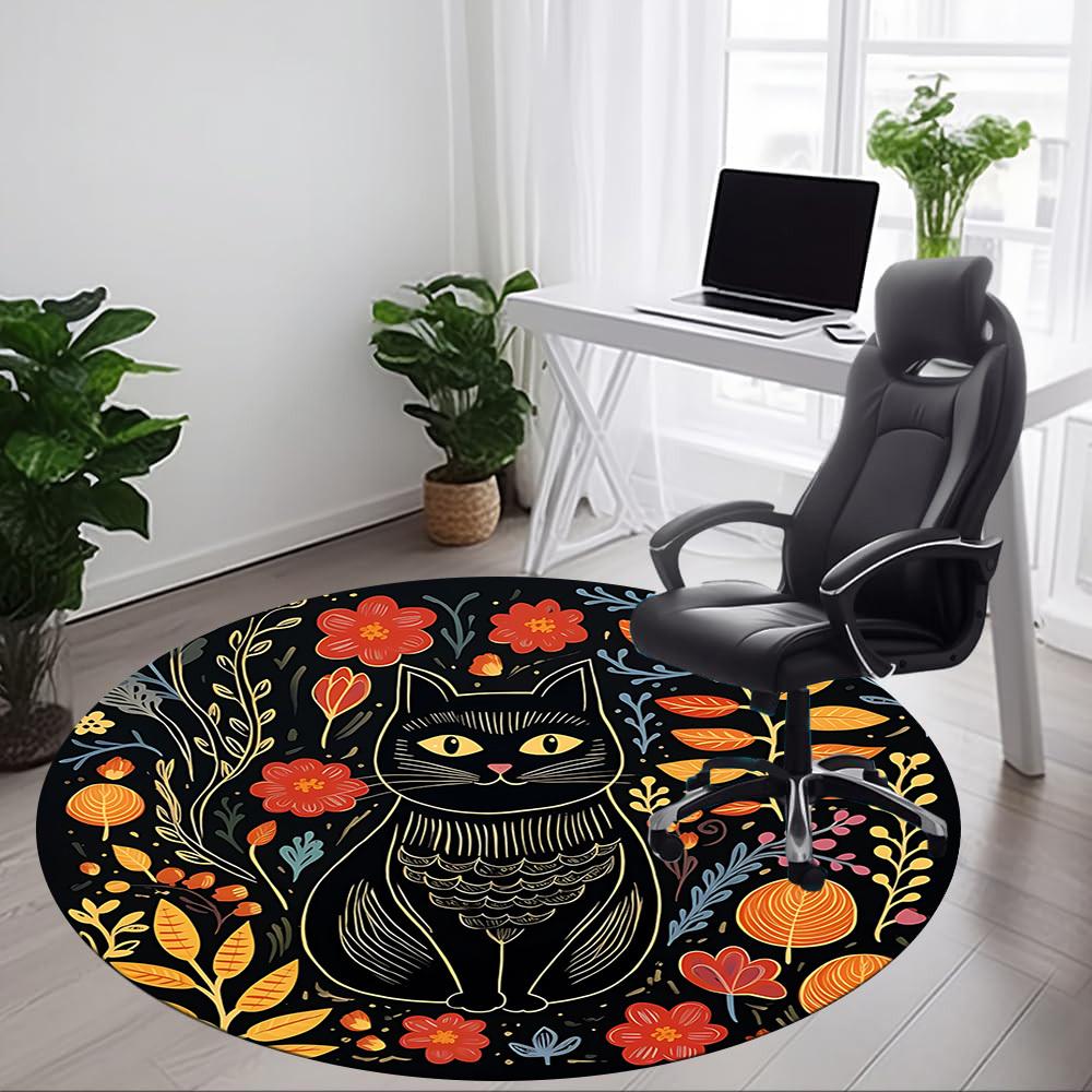 1pc Cat Flowers Office Round Area Rug, Mat Suitable For Office, Under Office Chairs Bedroom Living Room Home Decor, Room Deco