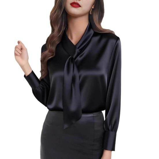 Women Shirt Ribbon V-Neck Long Sleeve Satin Texture Blouse Breathable Regular Fit Casual Work Party Dress Tops