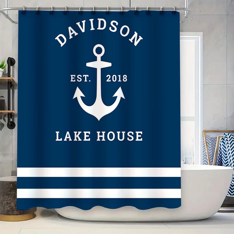 Blue Bath Shower Curtain with Personalized Anchors Design for Bathroom Decor Customize Your Name Colors 90x180cm