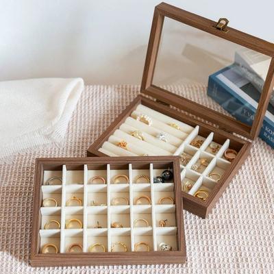 Glass Lid Jewelry Organizer Velvet Earrings Display Tray Convenient Wood Jewelry Box  Store