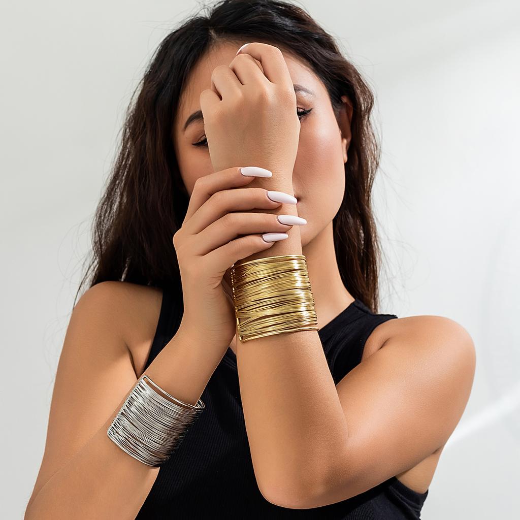 PuRui Trendy Thin Iron Wire Weave Cuff Bracelet for Women Geometric Wide Bangle Ladies Party Zircon Big Bracelets Wedding Girls