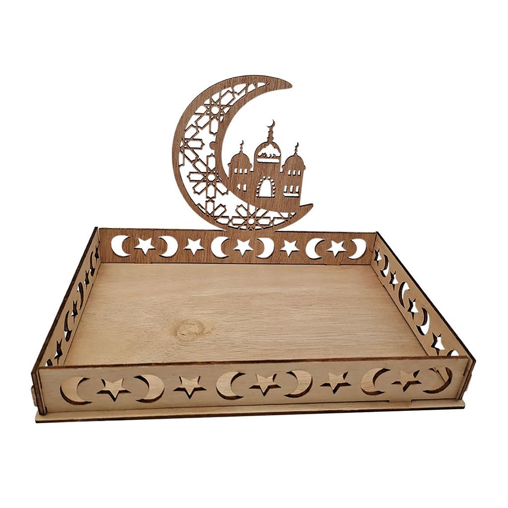 Wooden Eid Mubarak Decorative Tray Ramadan Crescent Moon Star Design Sweet Dessert Serving Platter Ramadan Table Centerpiece