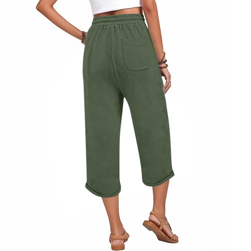 Women's Cotton And Linen Pocket Elastic Casual Pants Five Quarter Pants