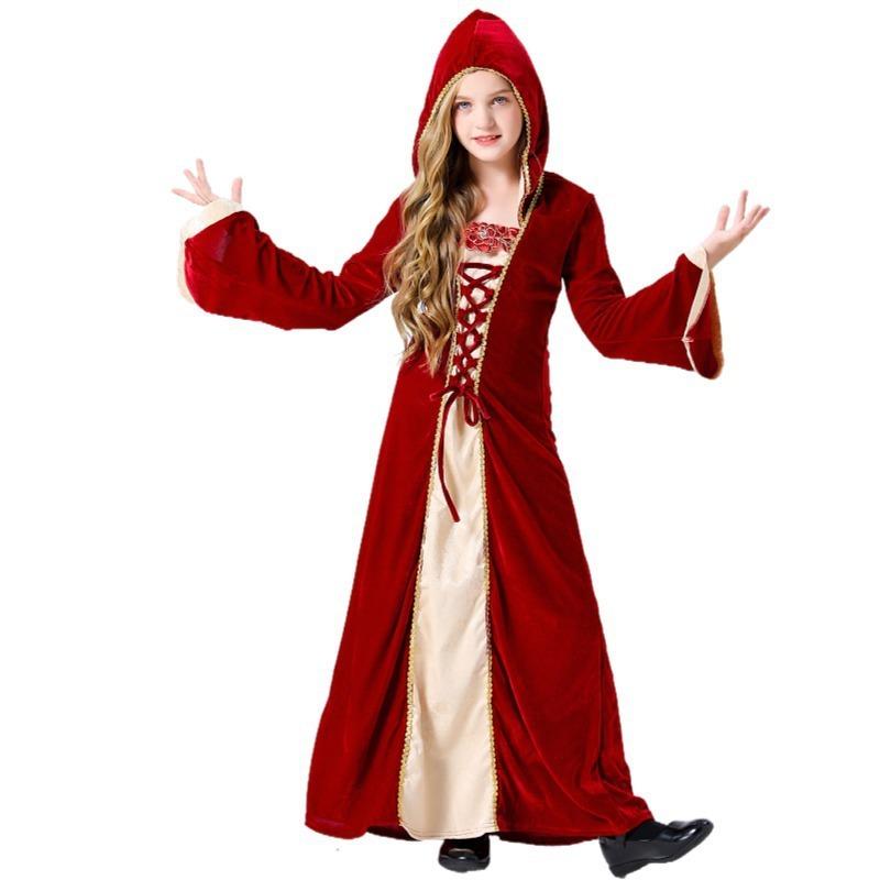 Court style Halloween burgundy horn sleeve dress, children's retro queen dress, musical performance show