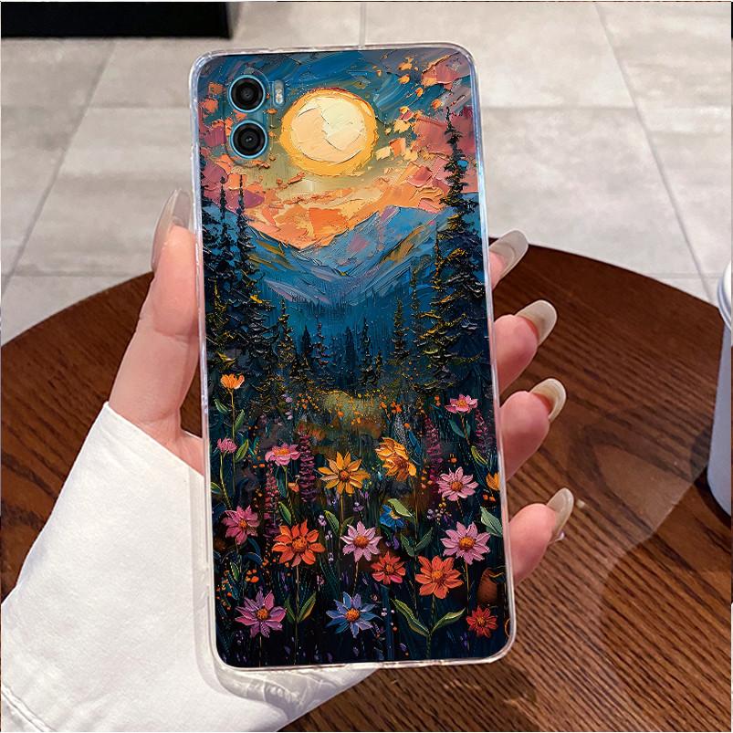 Phone Case For Motorola Moto E22s Soft Silicone TPU Clear Viral Beautiful Painted Pink Sand Beach Casing Shockproof Cover
