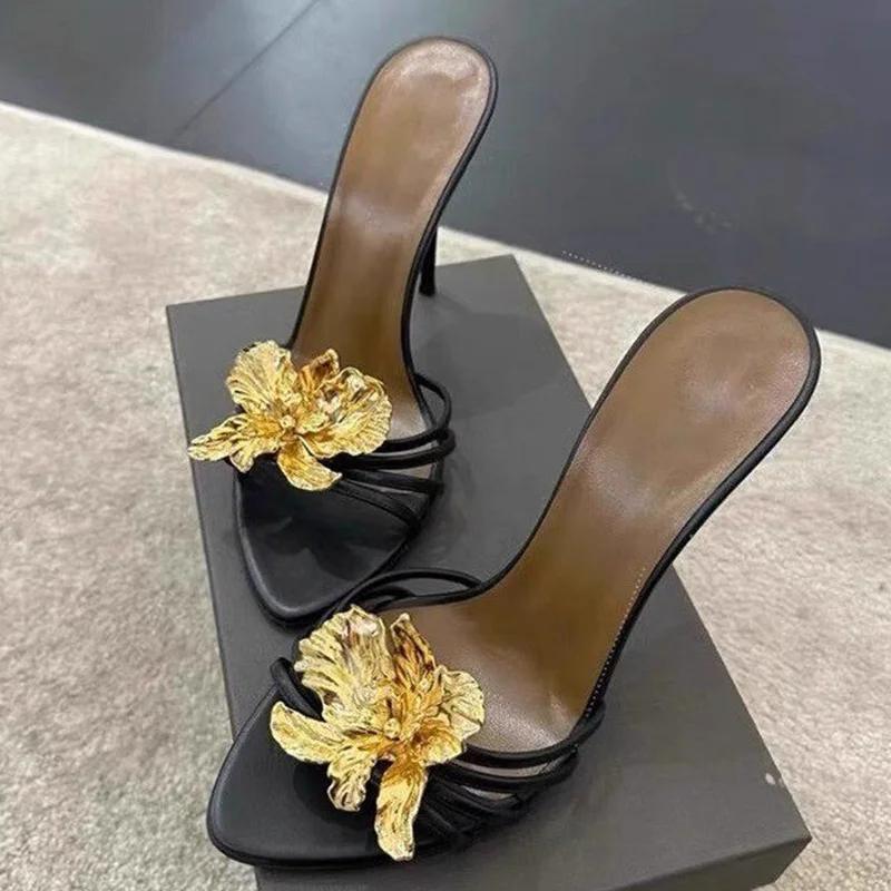 

Цветочные туфли на высоком каблуке, женские шлепанцы, летняя элегантная модная обувь, шпильки, сексуальные лодочки, роскошные женские сандалии 2025, женские шлепанцы 34 чёрный