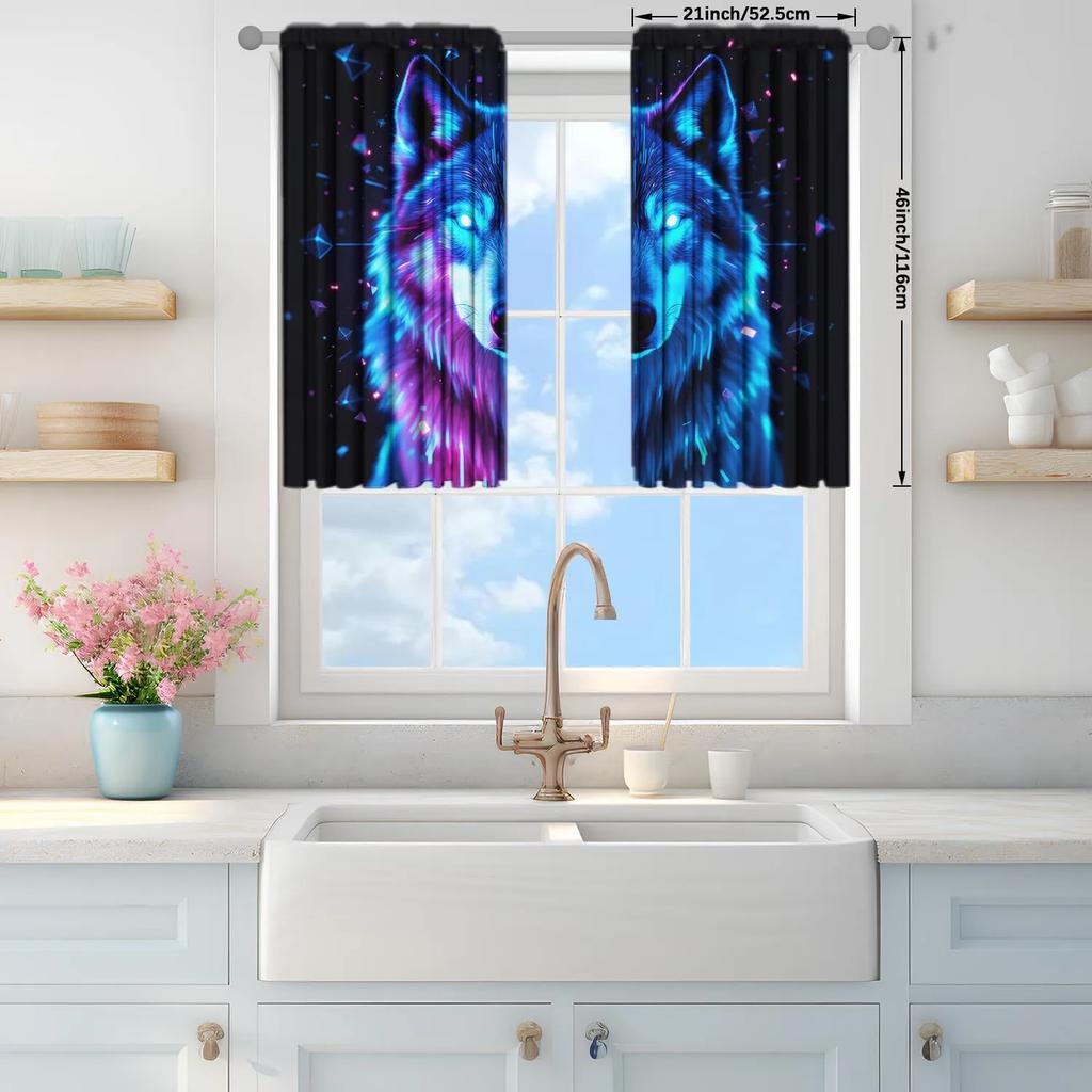 Set Of 2 Cool Fluorescent Wolf Half Curtains Home Decoration All Season Decorative Artistic Room Darkening Made Polyester