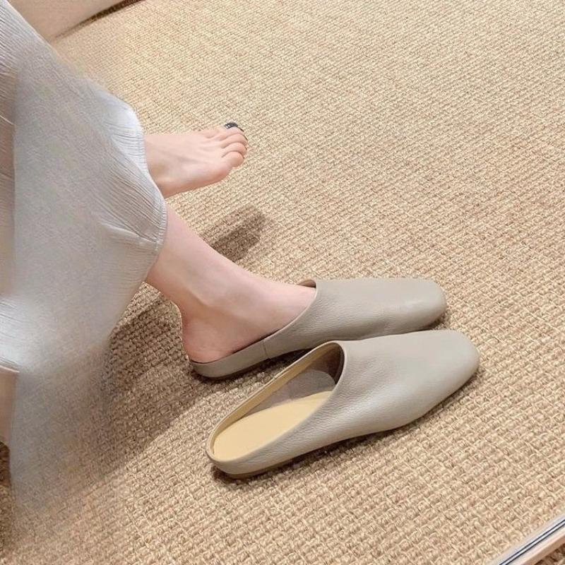 Fashion Baotou Half Slippers Women Summer Outside Wear Square Toe Mid-mouth Soft Soft Slip Non-slip Slip-on Flat Shoes