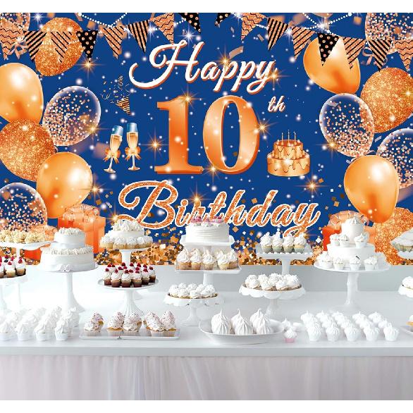 Large Happy 10th Birthday Banner Blue and Orange Ten Birthday Party Decorations Blue Orange 10 Year Old Backdrop Décor Supplies for Boys Girls