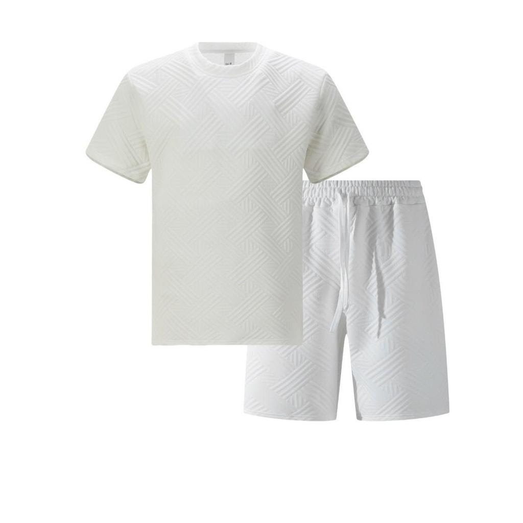 Men's Spring Solid Color Jacquard Round Neck T-shirt & Shorts Casual Two-Piece Set
