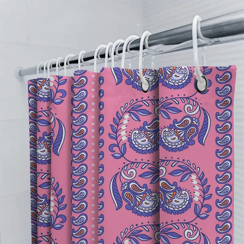 Pink Bath Shower Curtain With Blue Paisley Pattern For Bathroom Decor Waterproof Fabric 72 X 84 Inches Home Decoration Item Set