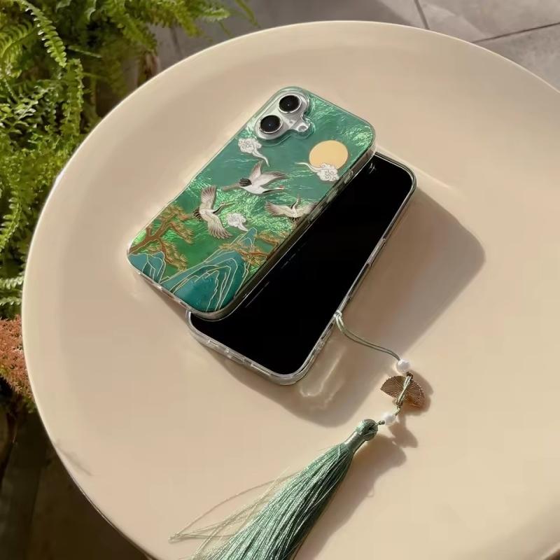 Auspicious INS Green Mountain Chinese Style Crane Tassel Dangle Phone Case for iPhone 17 16 15 14 13 Pro Max Back Phone Cover