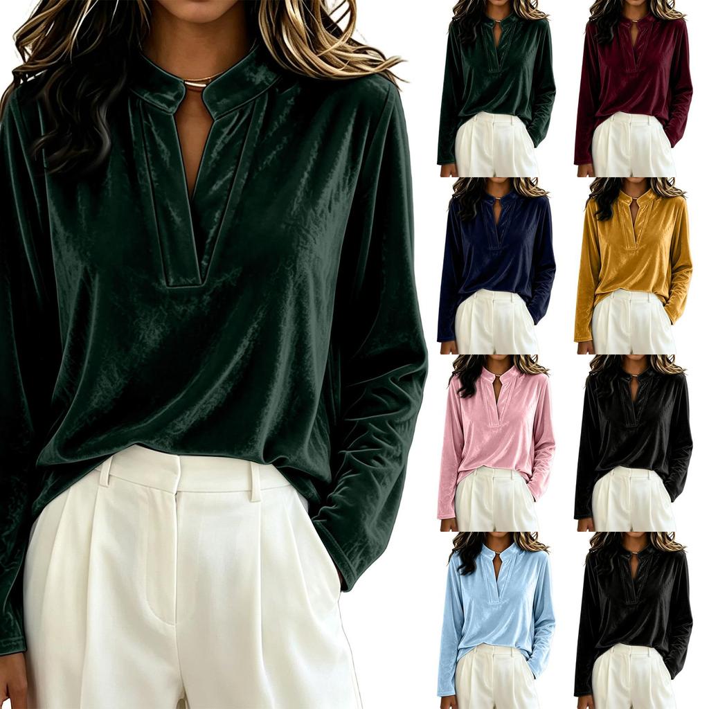 Women's Color Velvet V-Neck Loose Fit Casual Top for Fall Winter
