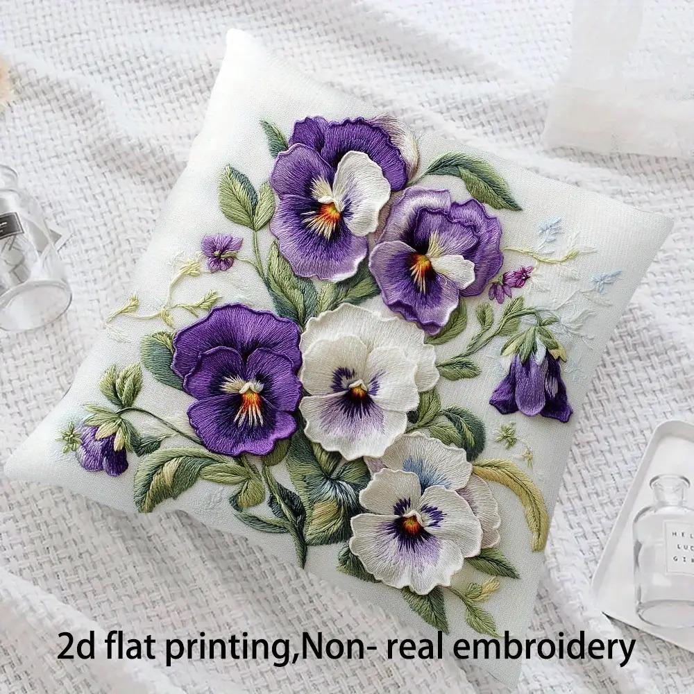 Purple Pansy Floral Pillow Cover 2D Faux Embroidery Print Vintage Botanical Flower Cushion Case For Sofa Bed Couch Elegant Home