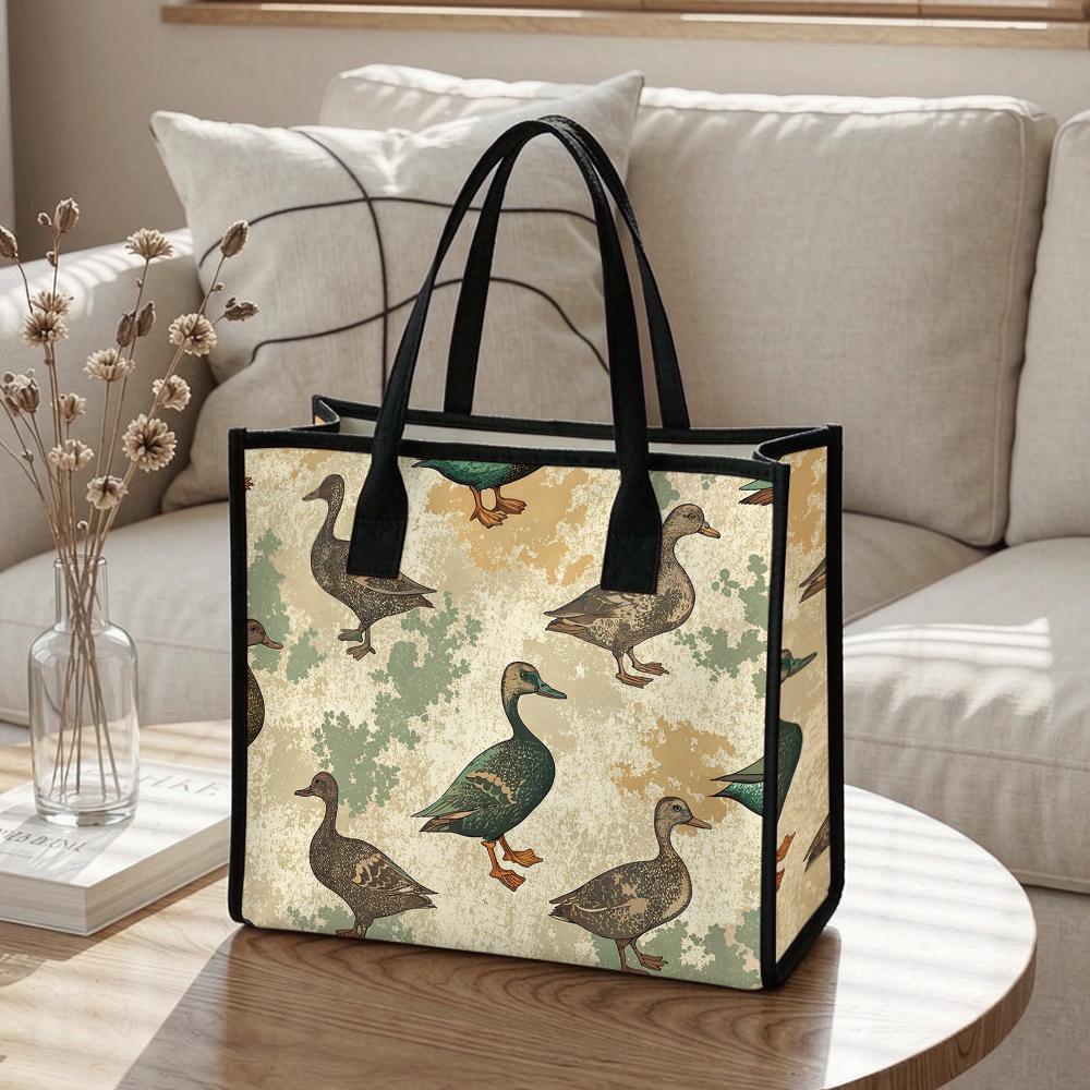 Vintage Duck Print Tote Bag Casual Portable Shopping Shoulder Purse for Daily Use