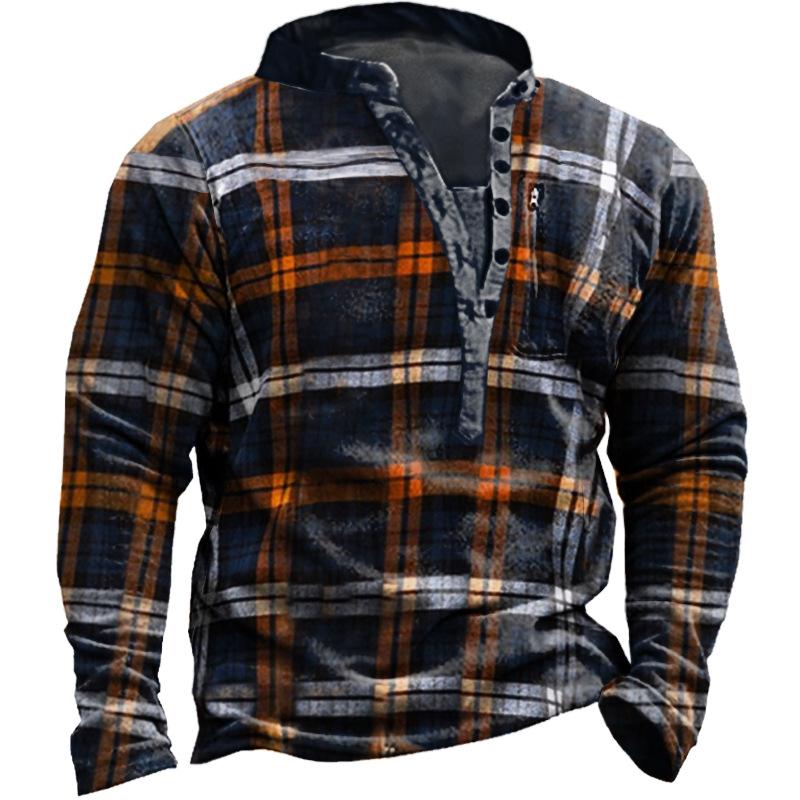 Large size men's sweatshirt autumn loose stand collar thickened 3D digital plaid printed tops in stock