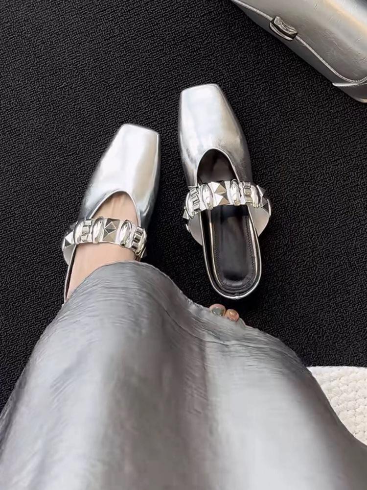 

[youshilai] Inner height increase British style outer wear bag head drag retro rhinestone one-word buckle with cool slippers women 40