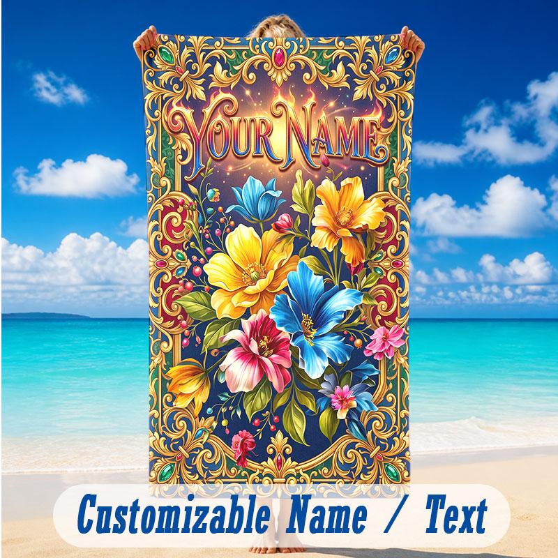 Floral Garden Theme Beach Towel Personalized Custom Name & Text Soft Quick Dry Beach Towel for Swimming Travel