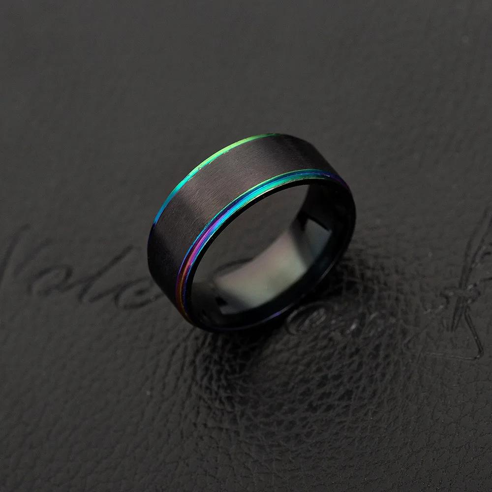Mens Black Stainless Steel Wedding Band Ring Two Tone Rainbow Line Polished Ring Comfort Fit Multi Color  Fraternal Rings