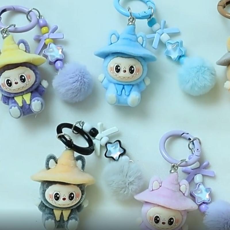 1 Piece Cartoon Flocking Wizard Labubu Keychain Cute Bag Hanging Pendant Backpack Earphone Case Decoration Birthday Gifts