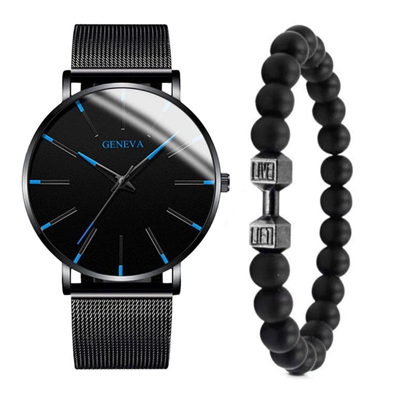 

Men s Business Watch Set with Simple Mesh Strap & Volcanic Stone Dumbbell Bracelet In Stock Factory Advantage Supply