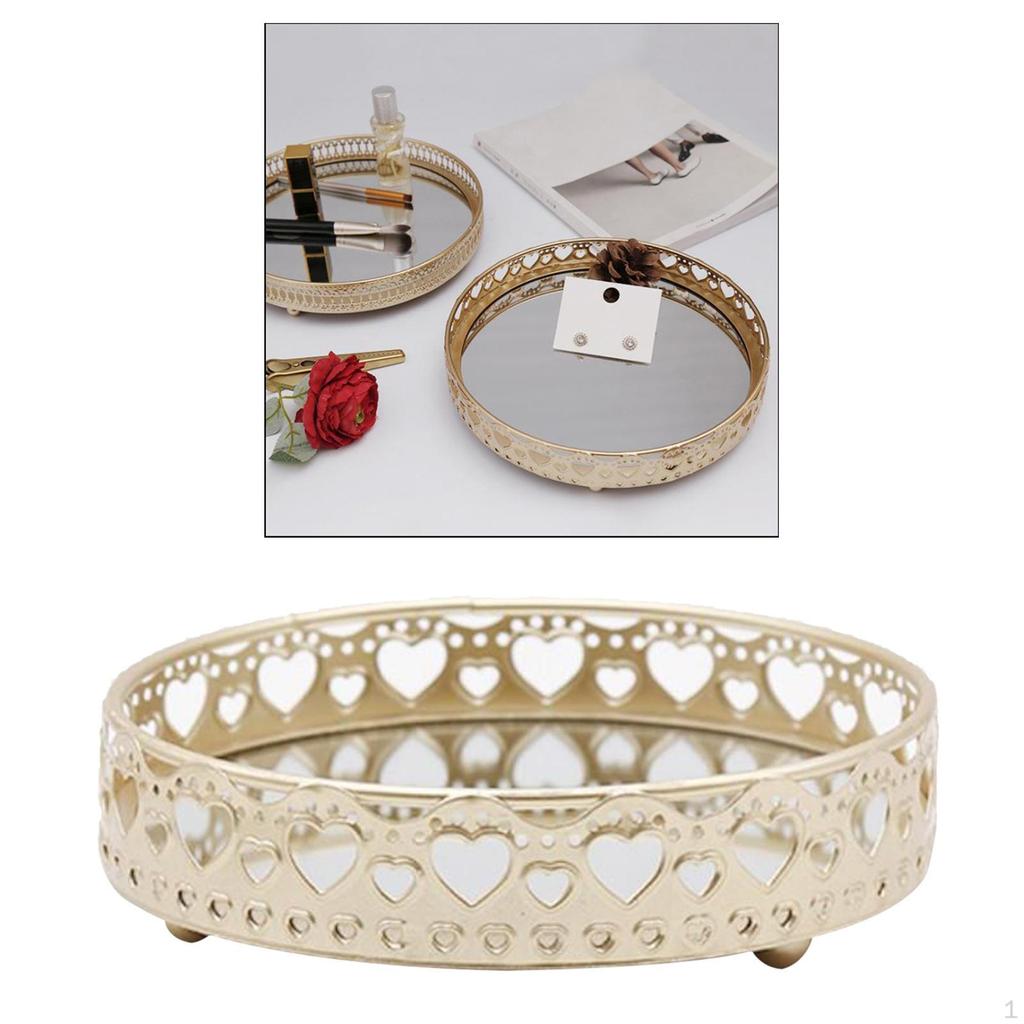 gold Mirror Jewelry Tray Display Stand Decorative Round Holder Plate for Bathroom