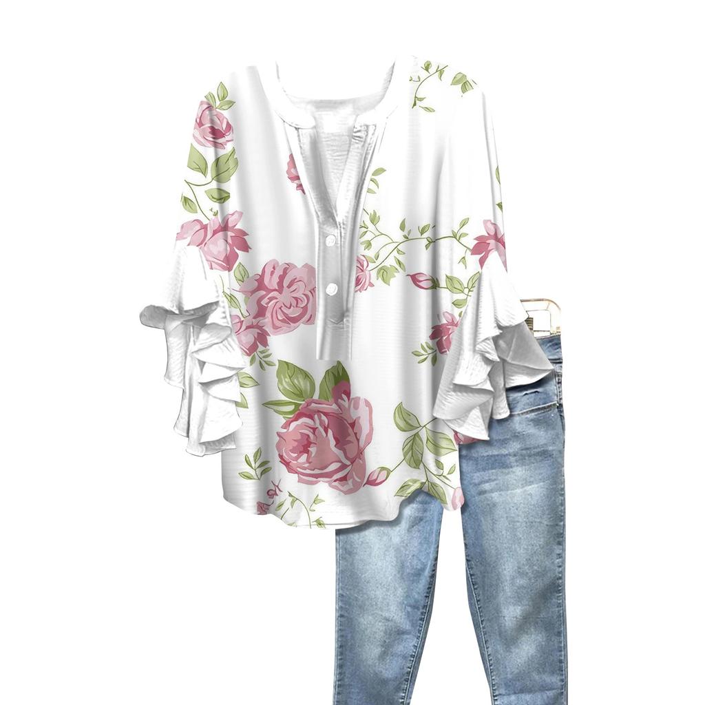Summer Women's Tops V-Neck Seven Sleeve Shirt Spring Summer Floral Printed Tops Casual Shirt