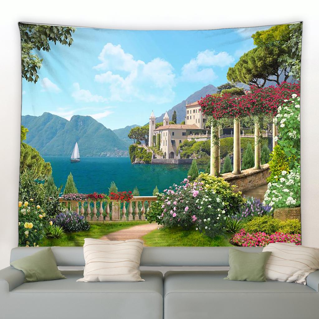 European Seaside Town Flower Tapestry Retro Italian Architecture Plant Scenery Wall Hanging Living Room Room Home Decoration