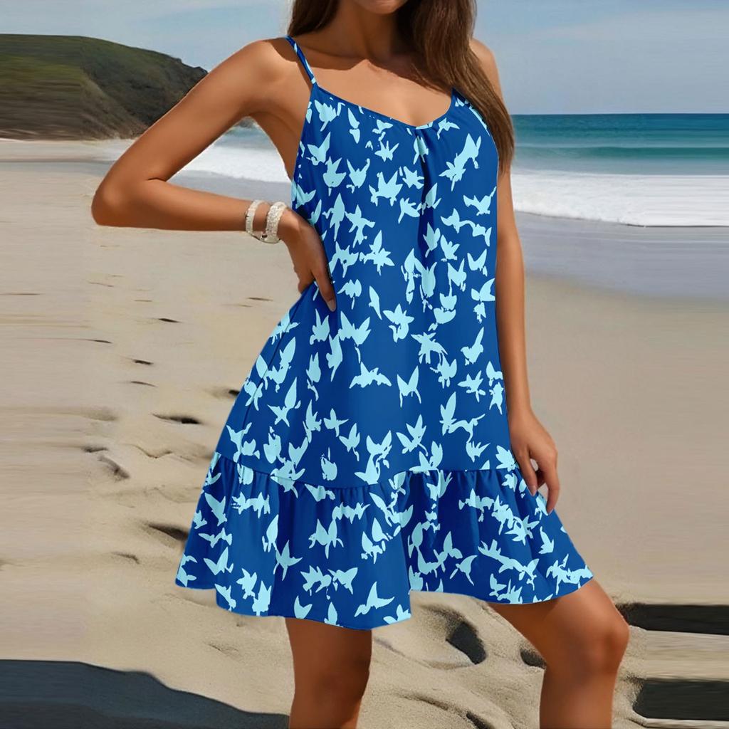 Dame Mote Casual Ermeløs Rund Hals Løs Blomsterprint Strandkjole