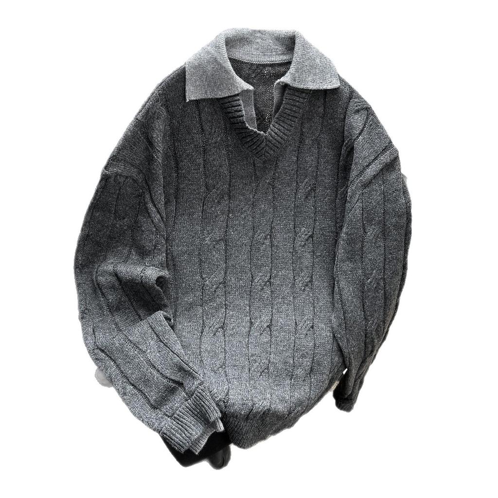 Fake Two-piece Twist Polo Neck Sweater Men's Autumn Trendy Brand Versatile Pullover Thread Jacket American Retro Loose Knitted Sweater