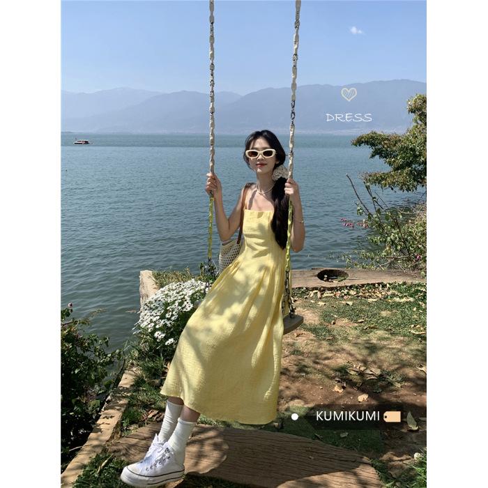 French Small Yellow Suspender Dress Women's Summer New Waist Temperament Long Dress Seaside Vacation Skirt