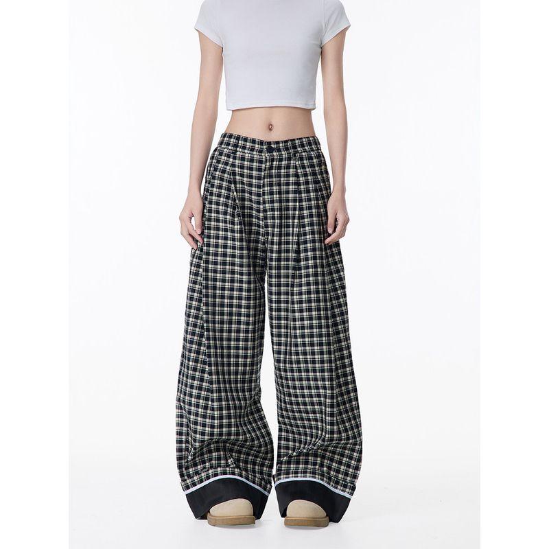 Black of Exit American Retro Plaid Cuffed Casual Pants for Men and Women, Loose and Lazy Wide-Leg Floor-Length Pants