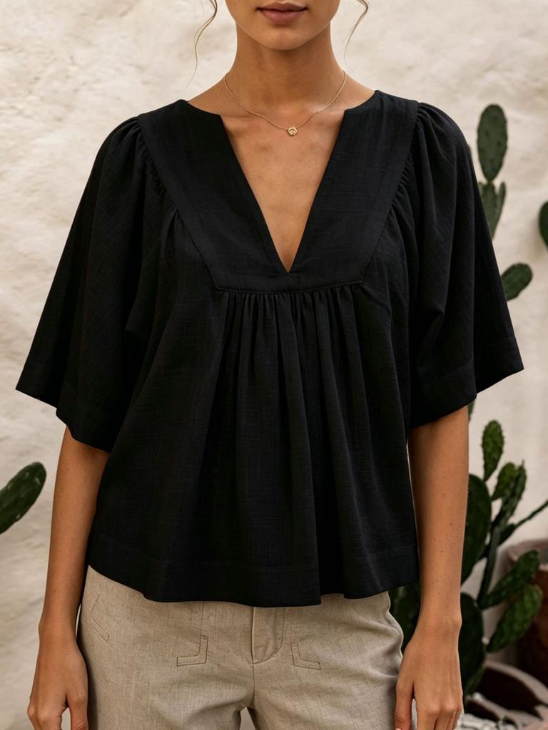 Women Casual Fashion Versatile V Neck Solid Color Shirt