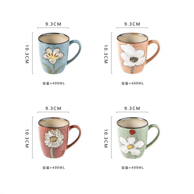 Vintage Floral Ceramic Water Mugs,12oz Hand-painted Coffee Mugs with Handle, Microwave & Dishwasher Safe