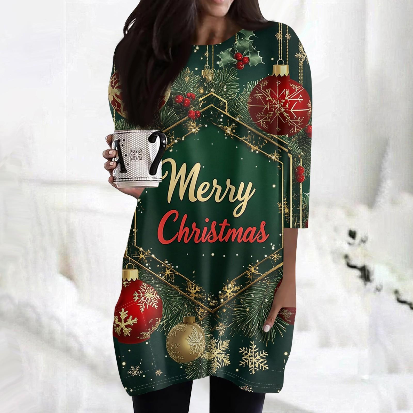 

Женские повседневные рубашки с рукавами 3/4, модные рождественские принты, туники, топы с карманами L зелёный