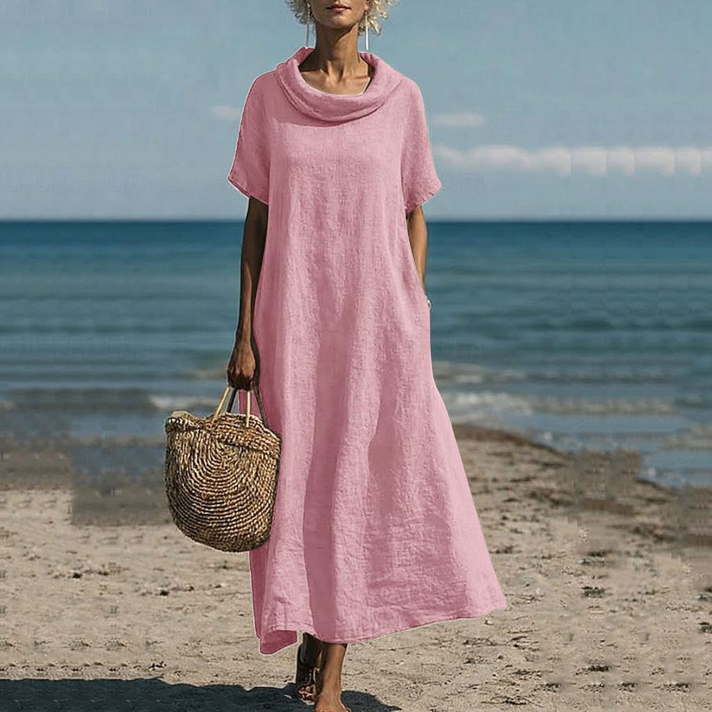 Women's Loose Fit Cowl Neck Maxi Dress Short Sleeve Solid Patterned Casual Linen Floor Length Gown
