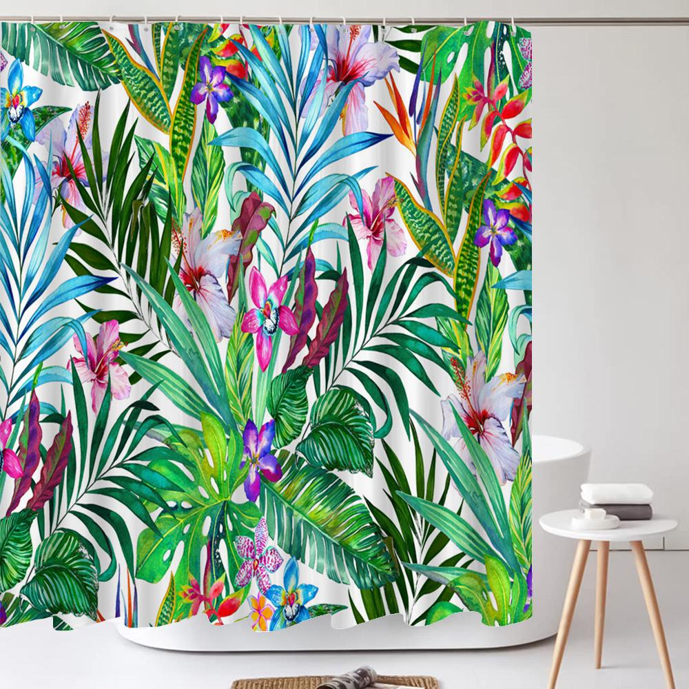 Green Leaves Plant Flower Butterfly Shower Curtain Watercolor Floral Waterproof Fabric Bath Curtains Bathroom Accessorie Decor