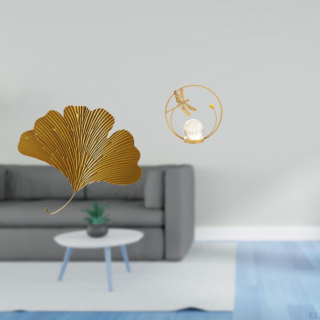 Wrought Iron Ginkgo Leaves Crystal Ball Sculpture Metal Figurine Wall Mounted Abstract Ornament