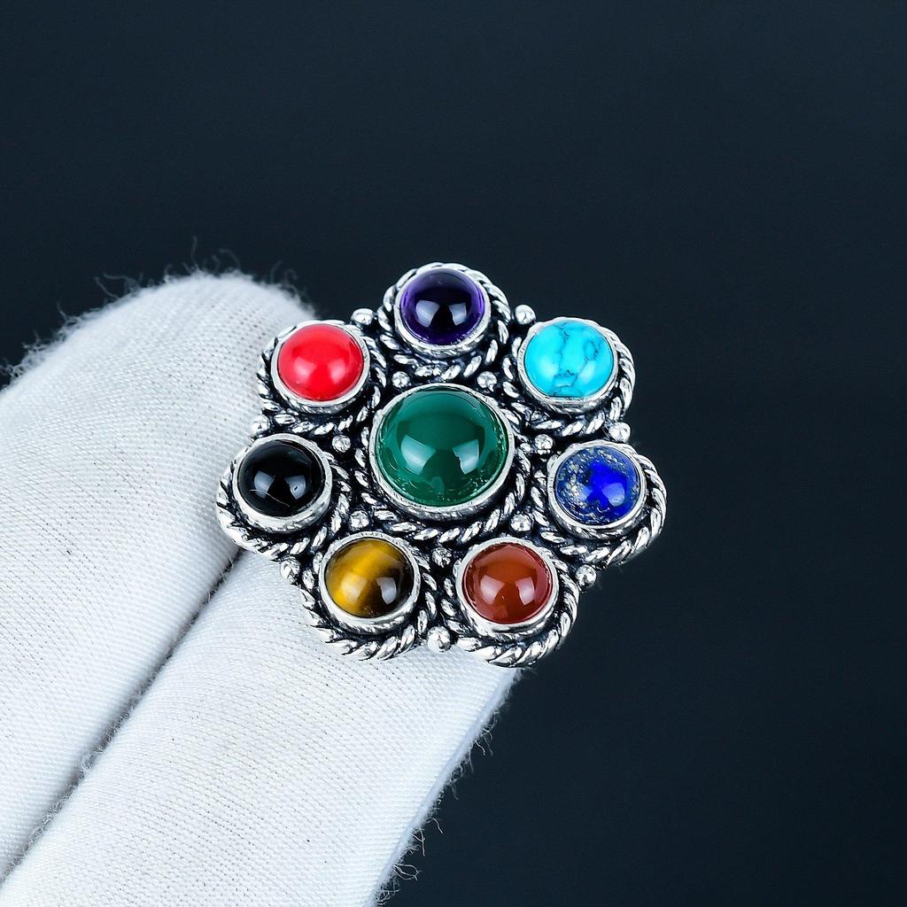 7 Chakra Edelstein Handgefertigt 925 Sterlingsilber Ring - Böhmischer Schmuckring - Handgefertigter Boho-Schmuck für Frauen & Männer, Geburtstagsgeschenke