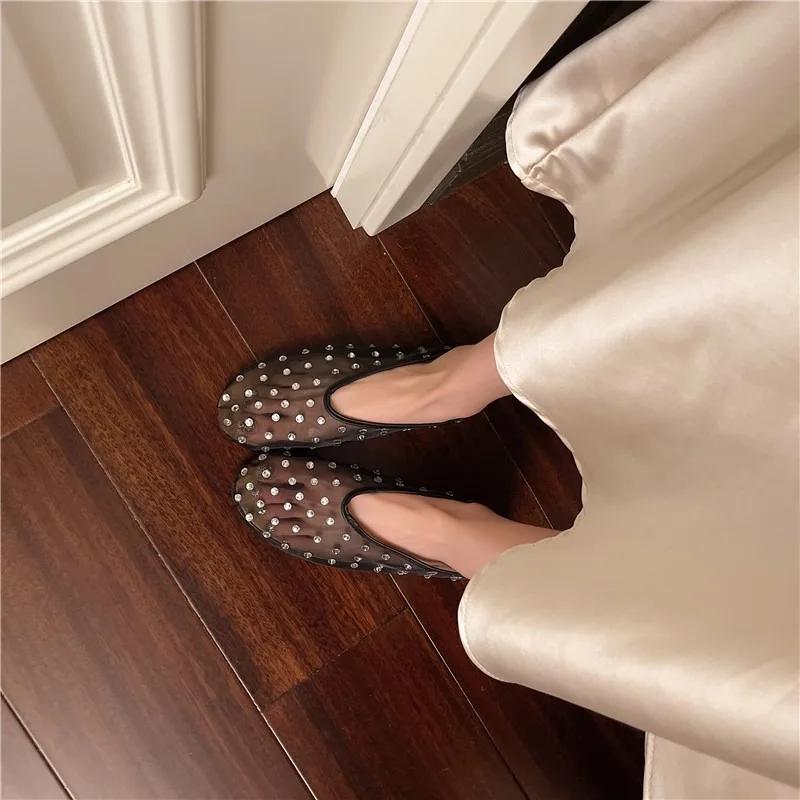 Women's Flat Shoes Mesh-edge Upper Rhinestones Soft Soles Shoes Women Dress Breathable Fairy Style One Kick Zapatillas De Mujer